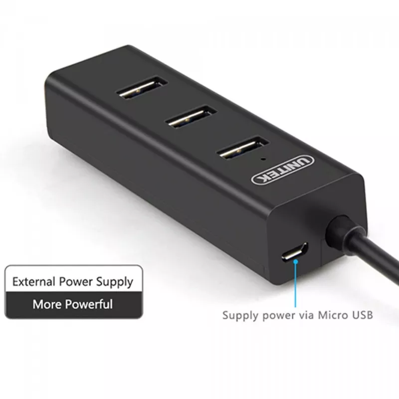 UNITEK Y-3089 USB 3.2 Gen 1 Type-A išplėtimo šakotuvas, 4 prievadai, 5000 Mbit/s, juodas