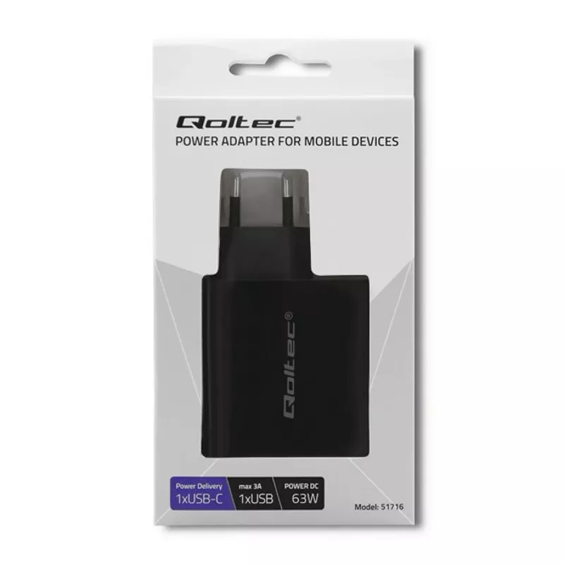 Maitinimo adapteris QOLTEC 51716 – 20V 3A (63W), juodas, universalus kroviklis