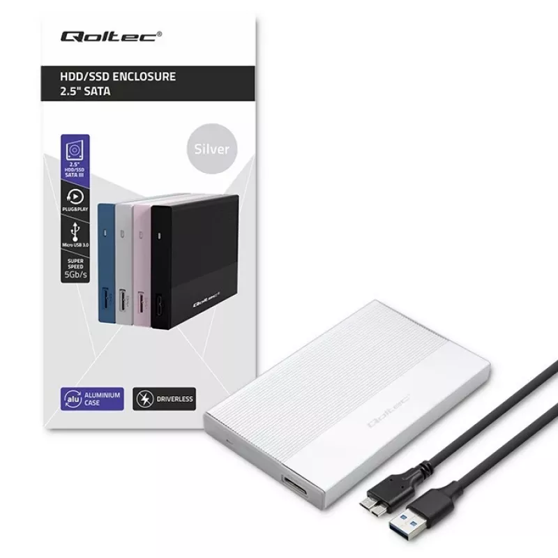 Išorinis korpusas 2,5 colio SATA SSD/HDD QOLTEC 52278 USB 3.0, palaiko iki 2 TB