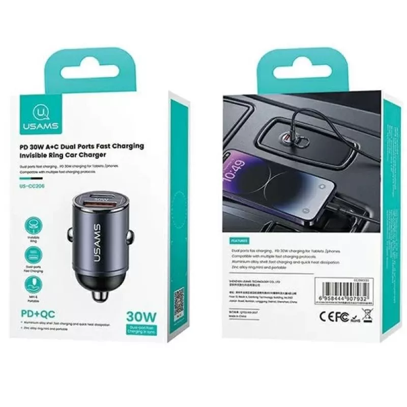 Automobilinis įkroviklis usams C38 30W — 1x USB-A + 1x USB-C greitas įkrovimas
