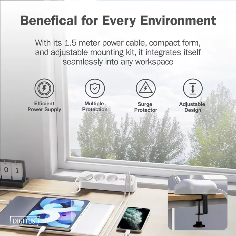 DIGITUS 3 krypčių ilgintuvas su 2×USB-A ir 1×USB-C, 3 kištukiniai lizdai E/F, 1,5 m laidas, baltas