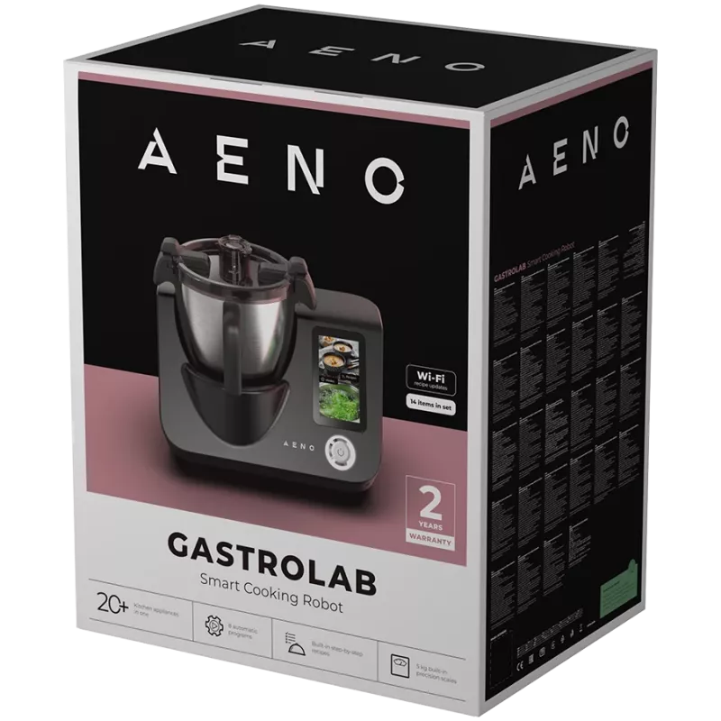 AENO Smart Cooking Robot CR1S: dubuo 3,5 L, 8 automatinės programos, 12 greičių, 1000 W (kaitinimo galia), 600 W (variklio galia), temperatūros diapazonas 37–130 °C, įmontuotos virtuvinės svarstyklės