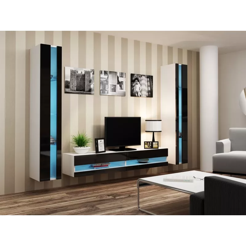 TV stovas Cama Meble VIGO NEW 30/180/40, balta viršus, juodas blizgus rėmas, 1800×400×300 mm