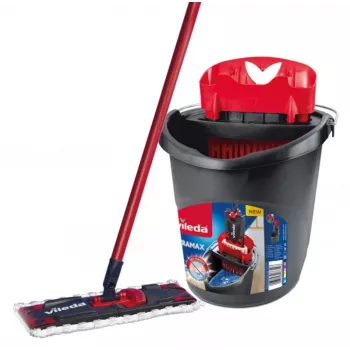 Grindų šluotražė VILEDA Ultramax BOX 177453 su keičiama mikropluošto galvute, gręžimo kibiru, 3 skalbiamomis servetėlėmis, juoda