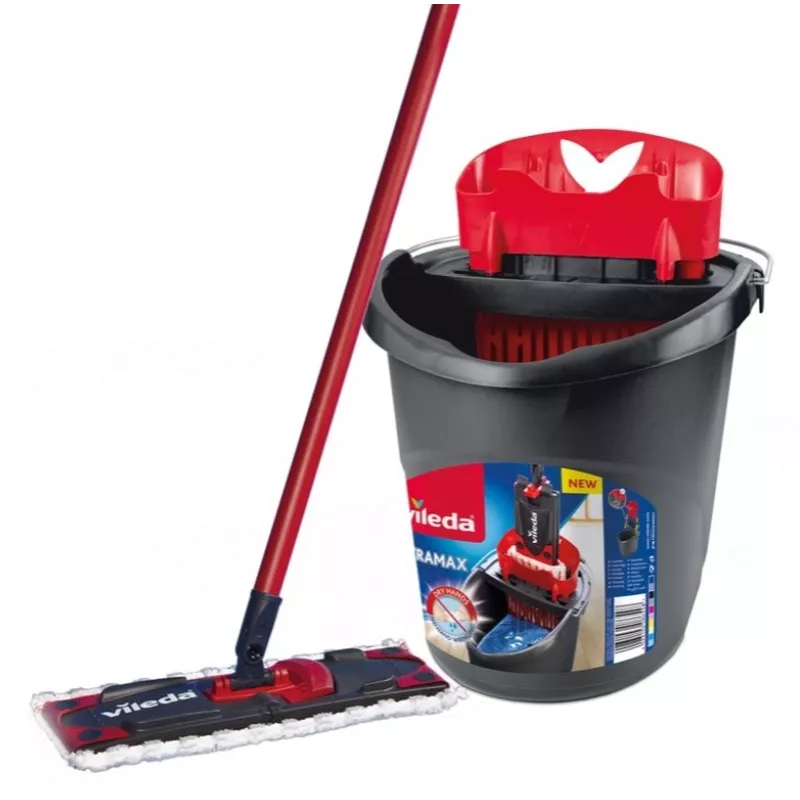 Grindų šluotražė VILEDA Ultramax BOX 177453 su keičiama mikropluošto galvute, gręžimo kibiru, 3 skalbiamomis servetėlėmis, juoda