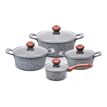 PROMIS GRANITE puodų ir prikaistuvio rinkinys 16, 20, 24, 28 cm su žaliomis aliuminio rankenomis