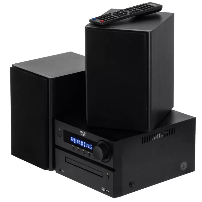 Mini Hi-Fi stereo sistema Adler AD 1917 – Bluetooth 5.3, CD/USB/MP3, 2×25 W RMS, FM imtuvas, 4 juostų ekvalaizeris, AUX, juoda