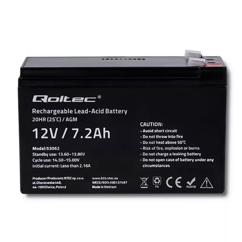 Qoltec 53062 AGM baterija | 12V | 7,2 Ah | max 108A