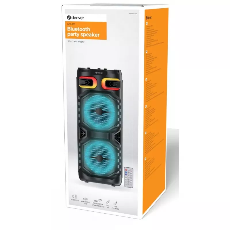 DENVER BPS-355 – Nešiojama Bluetooth kolonėlė su LED apšvietimu, 16 W