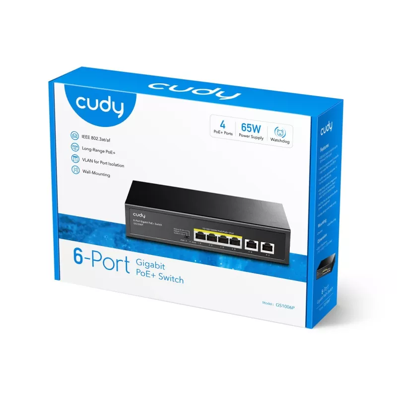 Tinklo jungiklis Cudy GS1006P nevaldomas Gigabit Ethernet 6 prievadų PoE, 12 Gbit/s, 2048 MAC, juodas