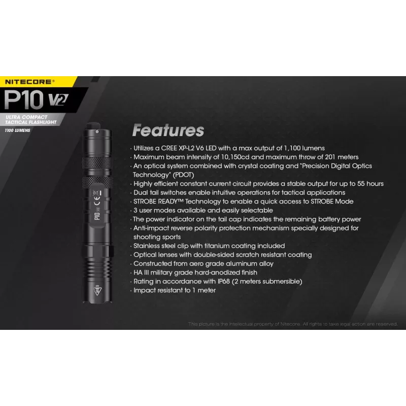 Taktinis žibintuvėlis Nitecore P10 V2 – 1000 lm, IP68, atsparus smūgiams, 95 g, 18650/CR123