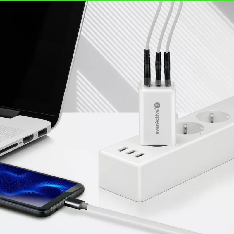 Įkroviklis everActive SQ-655Q 65W, 1×USB-A + 2×USB-C greitas įkrovimas