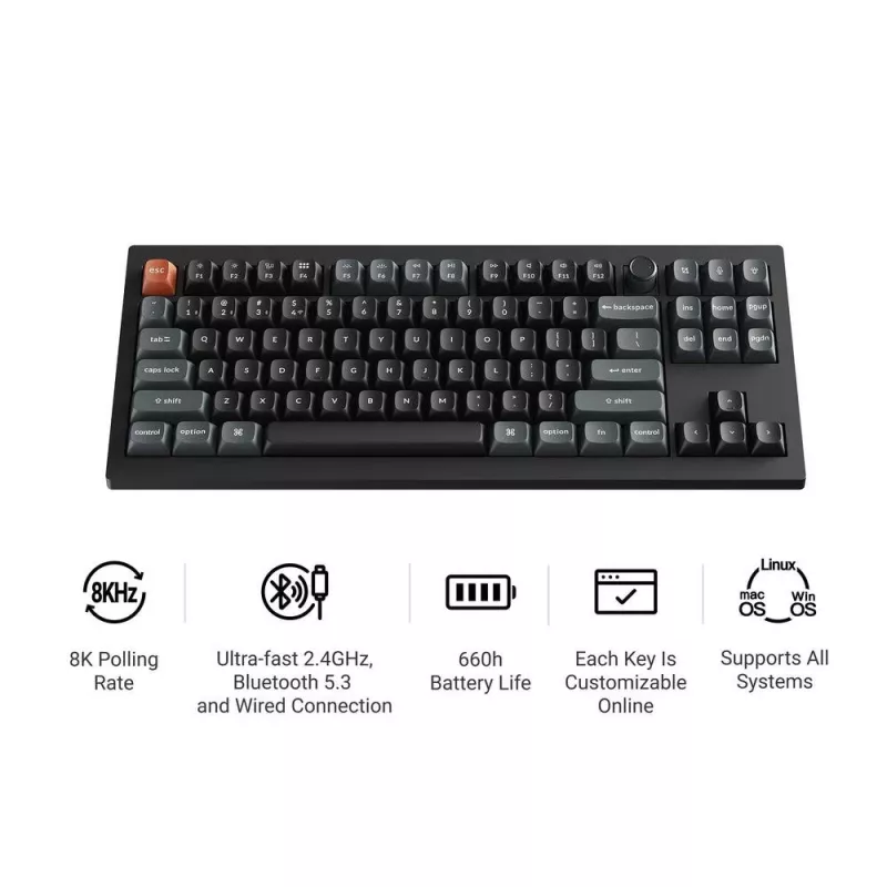 Mechaninė klaviatūra Keychron V3 Ultra 8K – laidinė ir belaidė, QWERTY išdėstymas, RGB LED, juoda