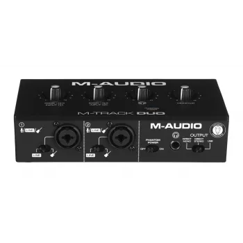 Garso sąsaja M-Audio M-Track Duo – USB 2 įėjimai / 2 išėjimai, 16 bitų / 48 kHz, 1x XLR/TS kombinuotas, 1x instrumentinis įėjimas, fantominis maitinimas 48V