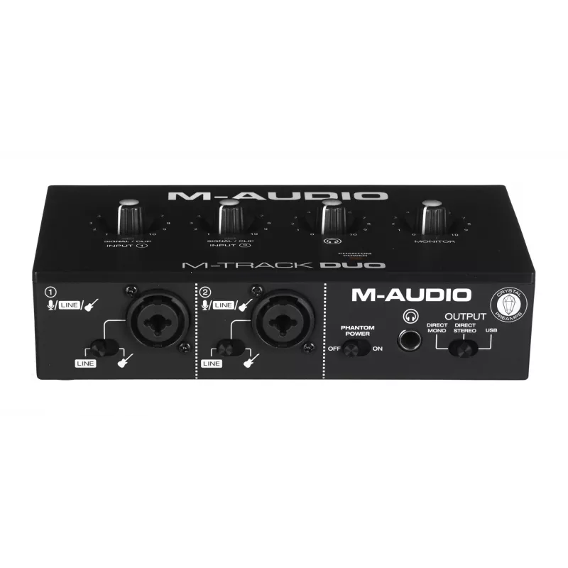 Garso sąsaja M-Audio M-Track Duo – USB 2 įėjimai / 2 išėjimai, 16 bitų / 48 kHz, 1x XLR/TS kombinuotas, 1x instrumentinis įėjimas, fantominis maitinimas 48V