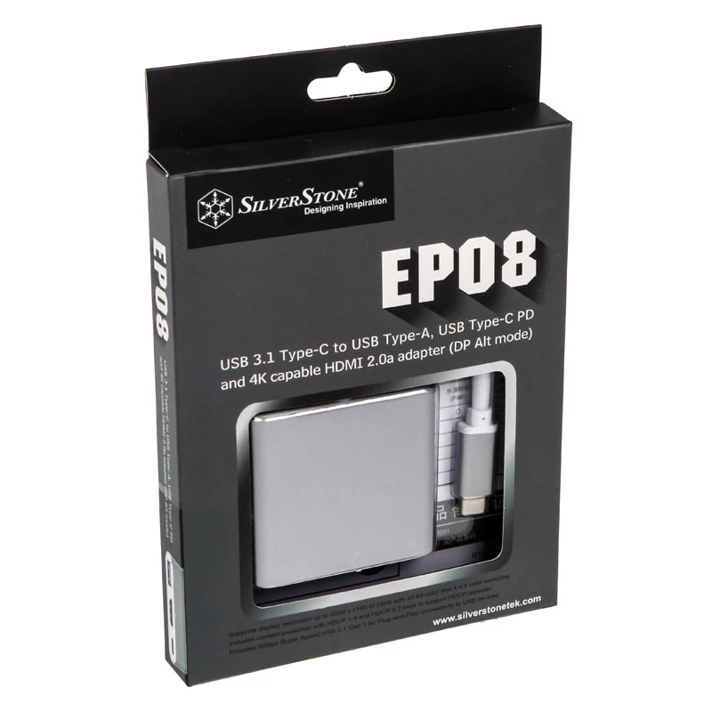 SilverStone SST-EP08C – USB 3.1 Type-C adapteris į HDMI / USB Type-C / USB Type A – sidabrinis