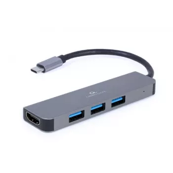 USB-C dokas nešiojamam kompiuteriui GEMBIRD A-CM-COMBO2-01 — USB 3.2 Gen 1 Type-C, 3× USB-A, 1× HDMI, pilka