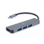 USB-C dokas nešiojamam kompiuteriui GEMBIRD A-CM-COMBO2-01 — USB 3.2 Gen 1 Type-C, 3× USB-A, 1× HDMI, pilka