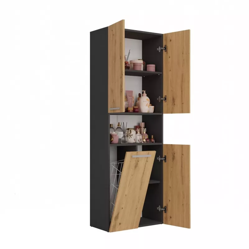 Vonios spintelė Top e Shop NEL 1K DK ANT/ART KP — grafitas/ąžuolas, laisvai pastatoma, 5 lentynos, 600×300×1740 mm