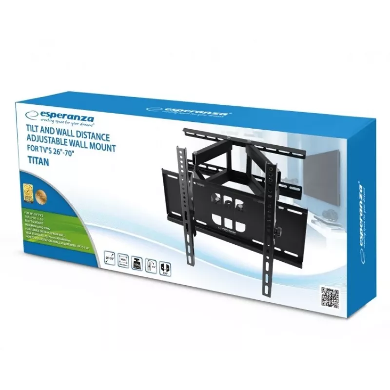 Sieninis TV laikiklis Esperanza TITAN 26–70 colių (66–177,8 cm), pakreipimas ±15°, pasukimas 120°, VESA iki 400×400, maks. apkrova 55 kg, juodas