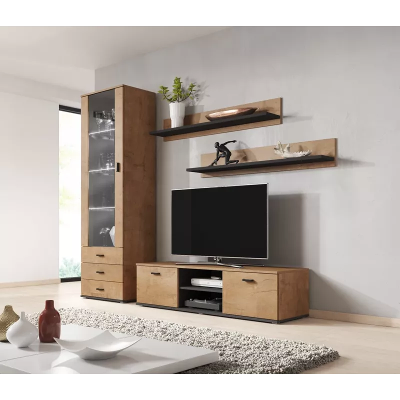 TV stovas Cama Meble SOHO 140, ąžuolas lefkas/juodas, 1400×430×370 mm