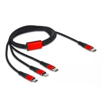 USB įkrovimo kabelis DeLOCK 3 in 1 USB Type-C – Lightning / Micro USB / USB Type-C 1 m juodas raudonas