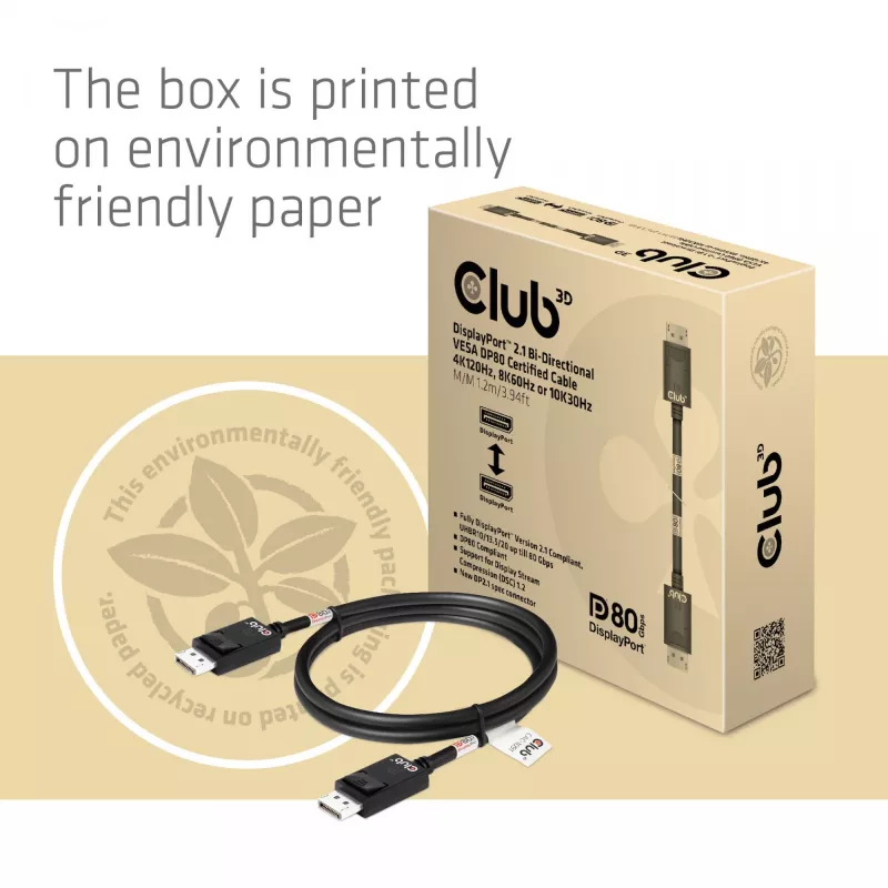 CLUB3D DisplayPort 2.1 dvipusis VESA DP80 sertifikuotas kabelis 4K240Hz, 8K60Hz arba 10K30Hz M/M 1,2 m