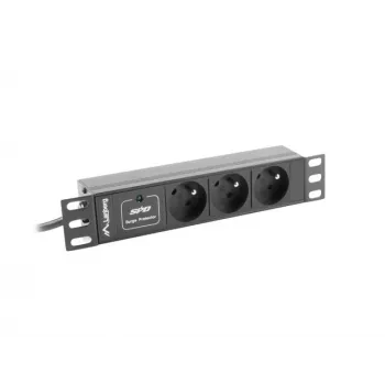 Maitinimo skirstytuvas LANBERG PDU-03E-0200-BK — 1U, 3x E tipo lizdai, 220–250 V, 16 A, 2 m laidas, juodas
