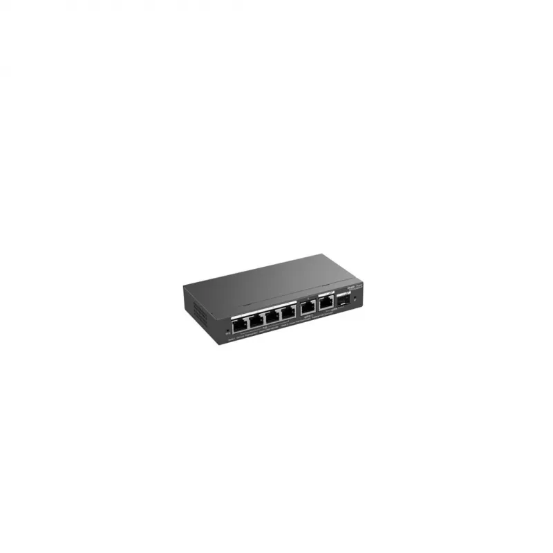 Valdomas PoE jungiklis RUIJIE RG-ES206GS-P — L2, 6x Gigabit RJ-45, 1x SFP, 4 PoE prievadai (54 W biudžetas), 12 Gbit/s, debesų valdymas