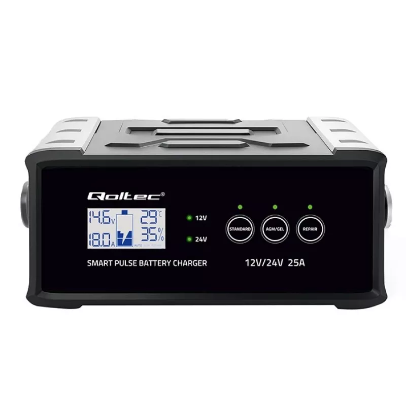 Įkroviklis QOLTEC 52514 – 12V/24V, 25A, AGM/GEL/SLA baterijoms su LCD ekranu