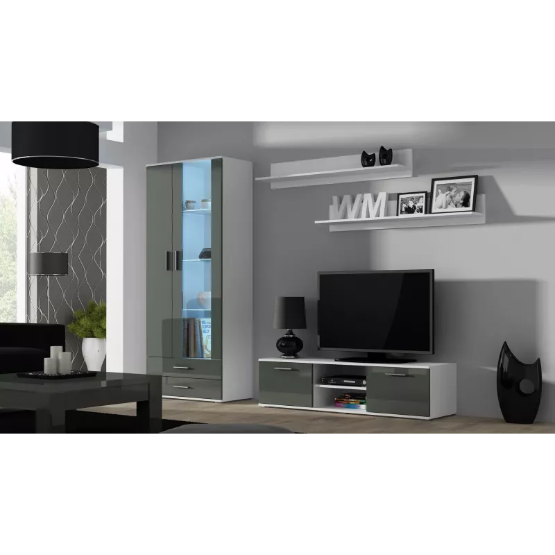 TV stovas cama meble SOHO 140 – 1400×430×370 mm, baltas viršus, medžio drožlių plokštė, baltas rėmas, balta/pilka blizgūs fasadai