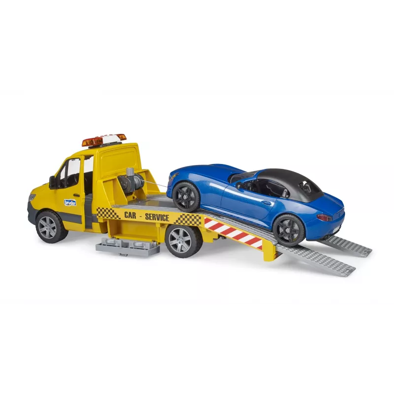 Bruder MB Sprinter automobilių transporteris su šviesos ir garso moduliu, oranžinis/mėlynas, komplekte roadsteris