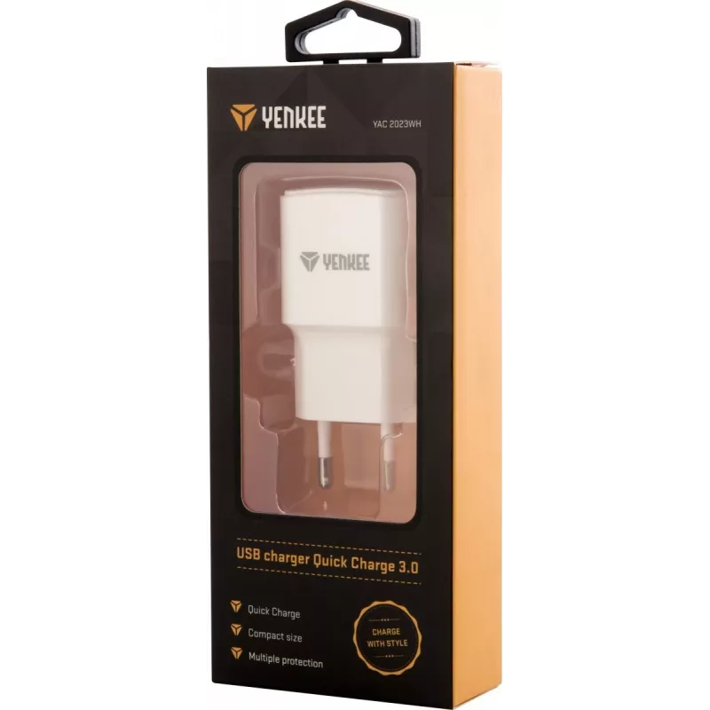 USB sieninis įkroviklis YENKEE YAC 2023WH 18W 3A Quick Charge 3.0