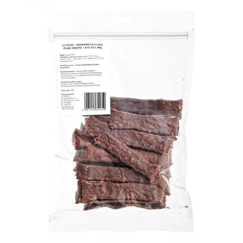 PETITTO Monoprotein Meat Strips Duck 400 g – vieno baltymo šaltinio skanėstas šunims
