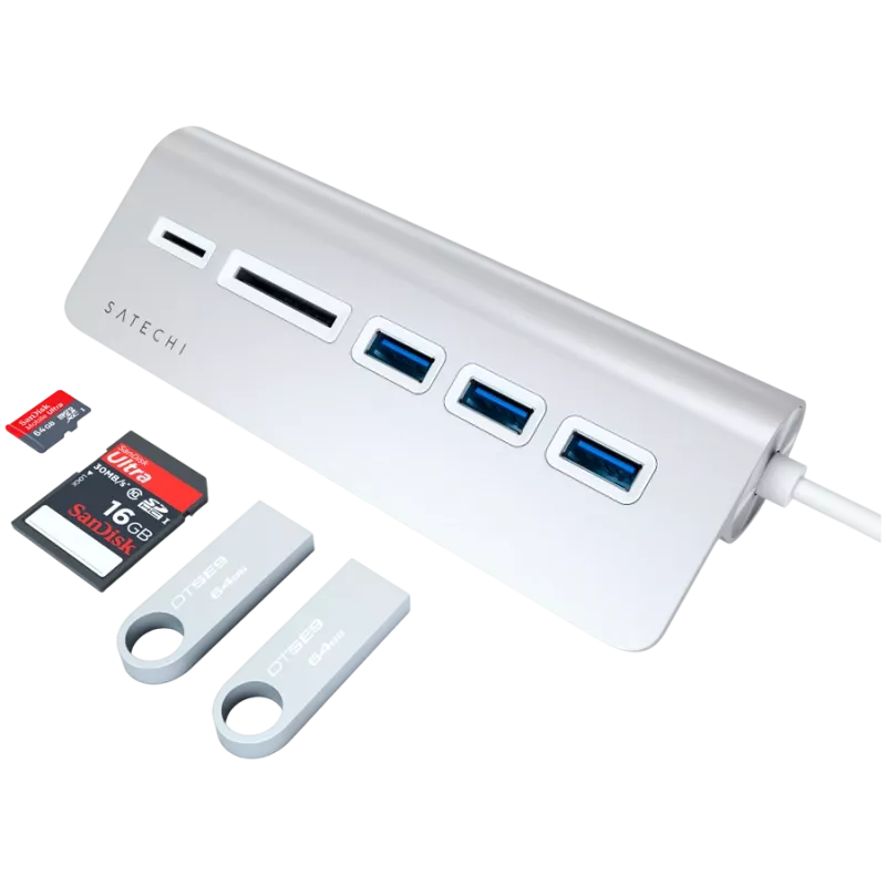 Satechi Type-C aliuminio USB centras ir kortelių skaitytuvas, sidabrinis, ST-TCHCRS