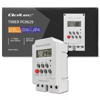 DIN bėgelio elektroninis laikmatis QOLTEC PC0629 — 24V maitinimas, 16A išėjimas
