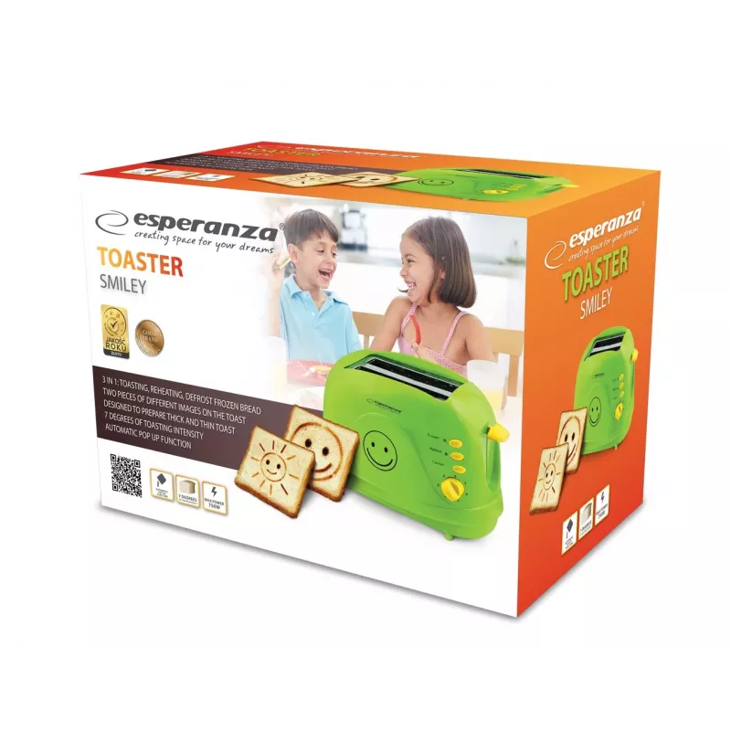 Skrudintuvas ESPERANZA EKT003 Smiley, 2 plytelėms, 750 W, 7 skrudinimo lygiai, atitirpinimas, išimamas trupinių padėklas, žalia spalva