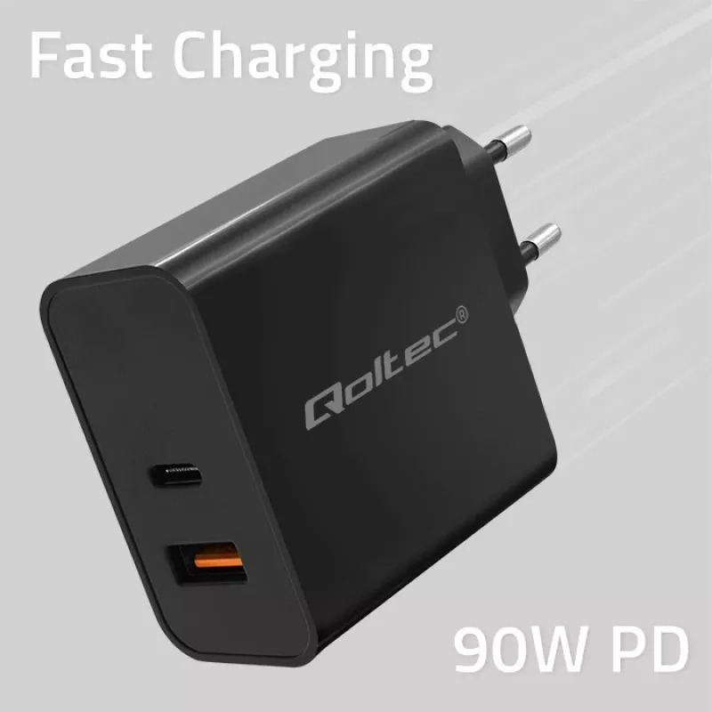 Qoltec 52381 Super Quick PD greitasis įkroviklis | 1xUSB-C | 1xUSB | 90W | 5-20V | 2.4-4.35A | Juoda
