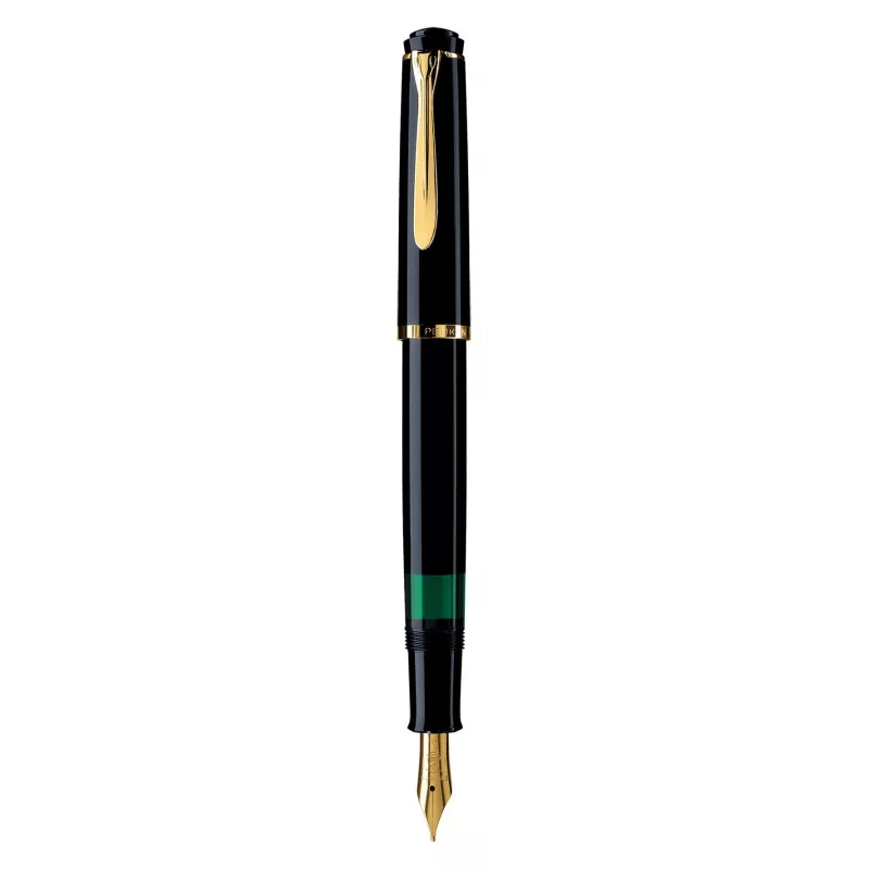 Pelikan M200, juoda, auksinė, integruota užpildymo sistema, derva, auksinis, italikas plunksnelė, auksas, nerūdijantis plienas