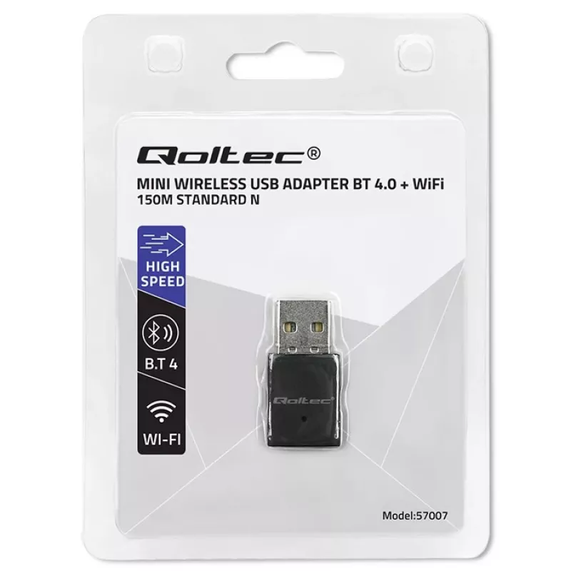 Belaidis USB mini Wi-Fi adapteris QOLTEC 57007 – vienos juostos 2.4 GHz, iki 150 Mbps, vidinė antena