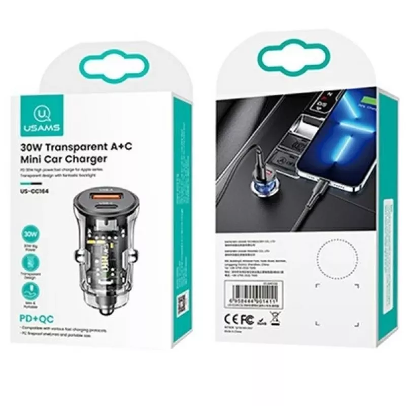 Automobilinis įkroviklis usams CC164CC01 30W su 1×USB-A ir 1×USB-C greitajam įkrovimui