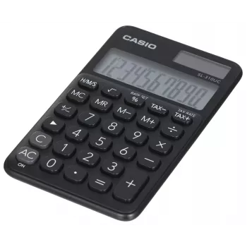 Pagrindinis skaičiuotuvas CASIO SL-310UC-BK – 10 skaitmenų, baterija/saulė, mokesčių ir pelno funkcijos, kišeninis dydis (70×118×8.4 mm), juodas