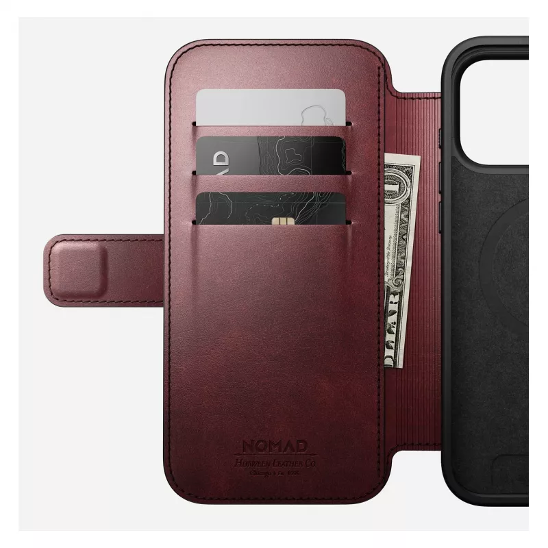 Dėklas telefonui Nomad Modern Leather Folio, skirtas iPhone 17 Pro Max — odinis, TPU, PC, aliuminis, bordo spalvos, 16 cm (6,3 colio)