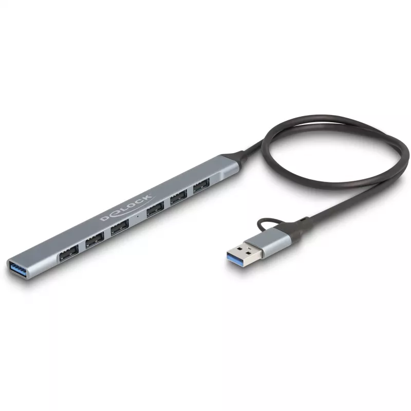 Delock 64273 plonas 7 prievadų USB šakotuvas, USB Type-C arba Type-A į 1x USB 5 Gbps Type-A + 6x USB 2.0 Type-A