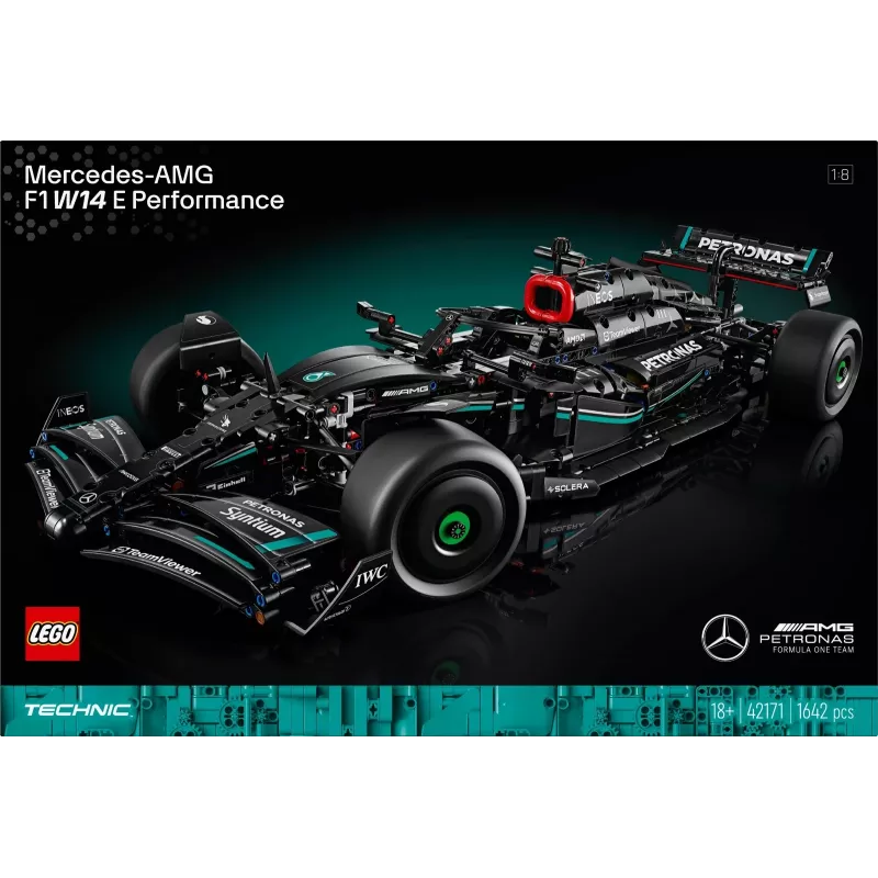 LEGO Technic modelis Mercedes‑AMG F1 W14 E Performance — 1 432 detalės, rekomenduojamas amžius 18+