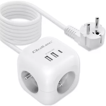 Power Cube QOLTEC 52547 ilgintuvas 3×AC lizdai, 2×USB-A, 1×USB-C PD 20W