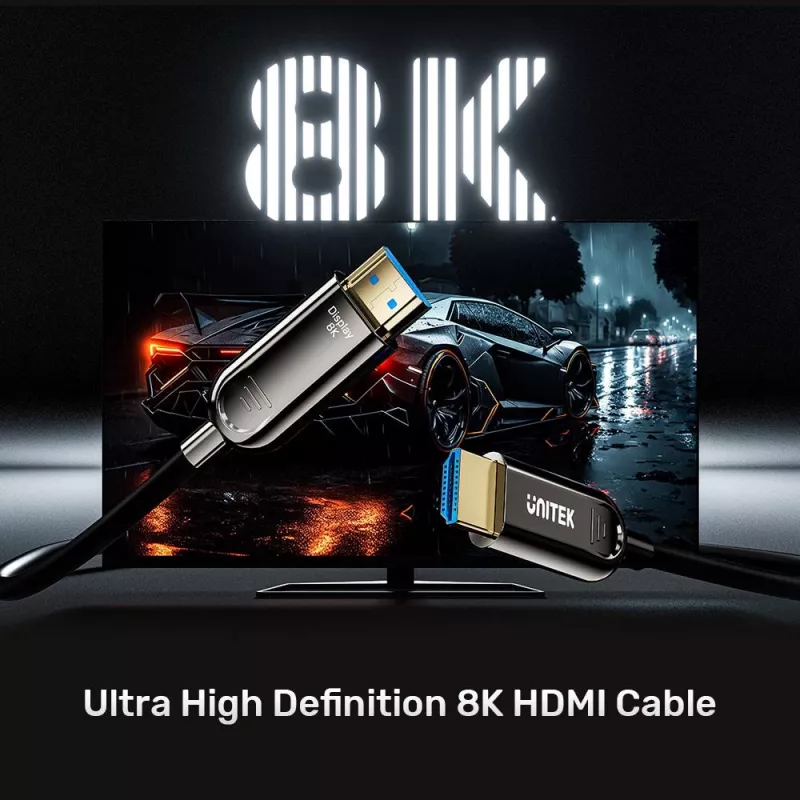 HDMI kabelis Unitek C11085GY01-15M — HDMI Type A į A, 30 m, HDMI 2.1, 8K@60Hz, 4K@144Hz, paauksuoti kontaktai, juodas