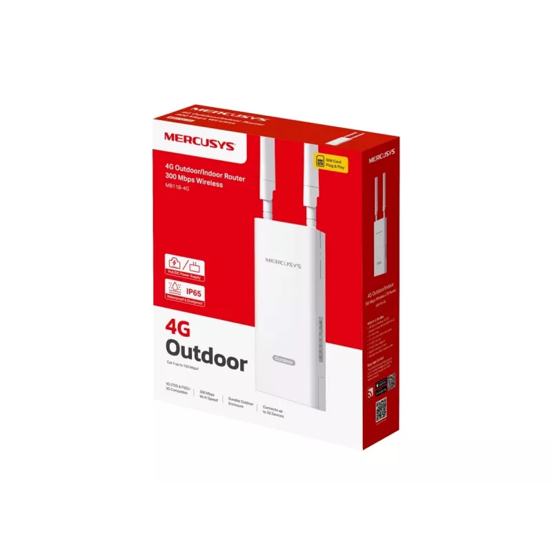 Belaidis maršrutizatorius TP-LINK MB118-4G – 4G LTE, vienos juostos 2,4 GHz, Wi‑Fi 4 (802.11n), 300 Mbps, Fast Ethernet, 4 išorinės antenos, baltas