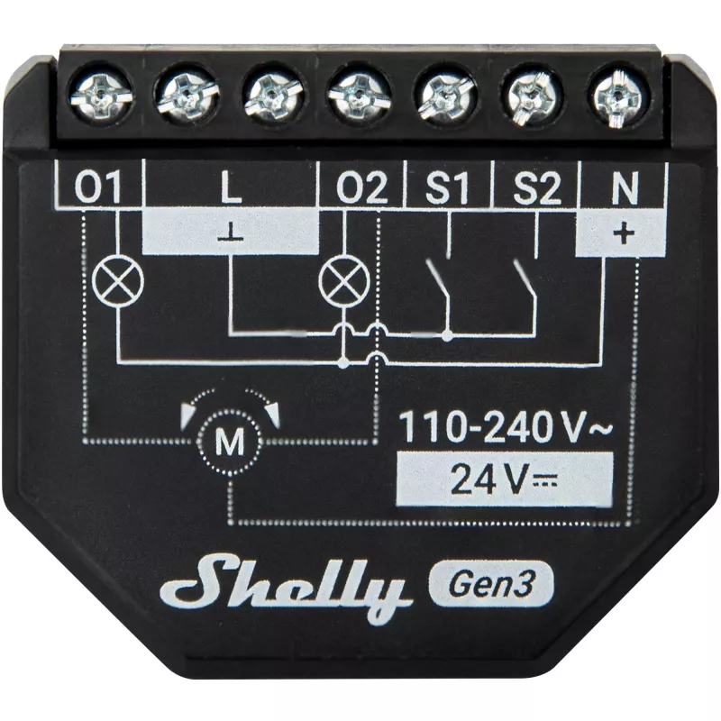 Shelly 2PM Gen3 išmanusis dviejų kanalų jungiklis 2P juodos spalvos