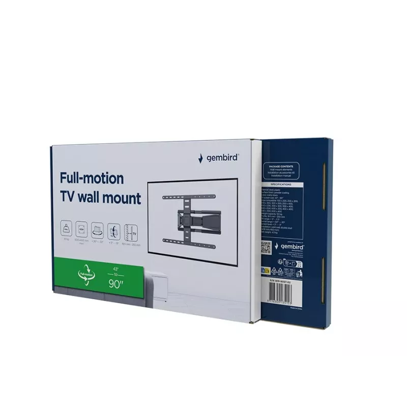 Pilnai reguliuojamas TV laikiklis GEMBIRD WM-90ST-02 43–90 colių ekranams, ištraukiamas, VESA 100x200–600x400, 50 kg
